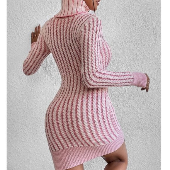 long sleeved Turtleneck Sweater Cable Knit Dress Pink - Picture 5 of 7